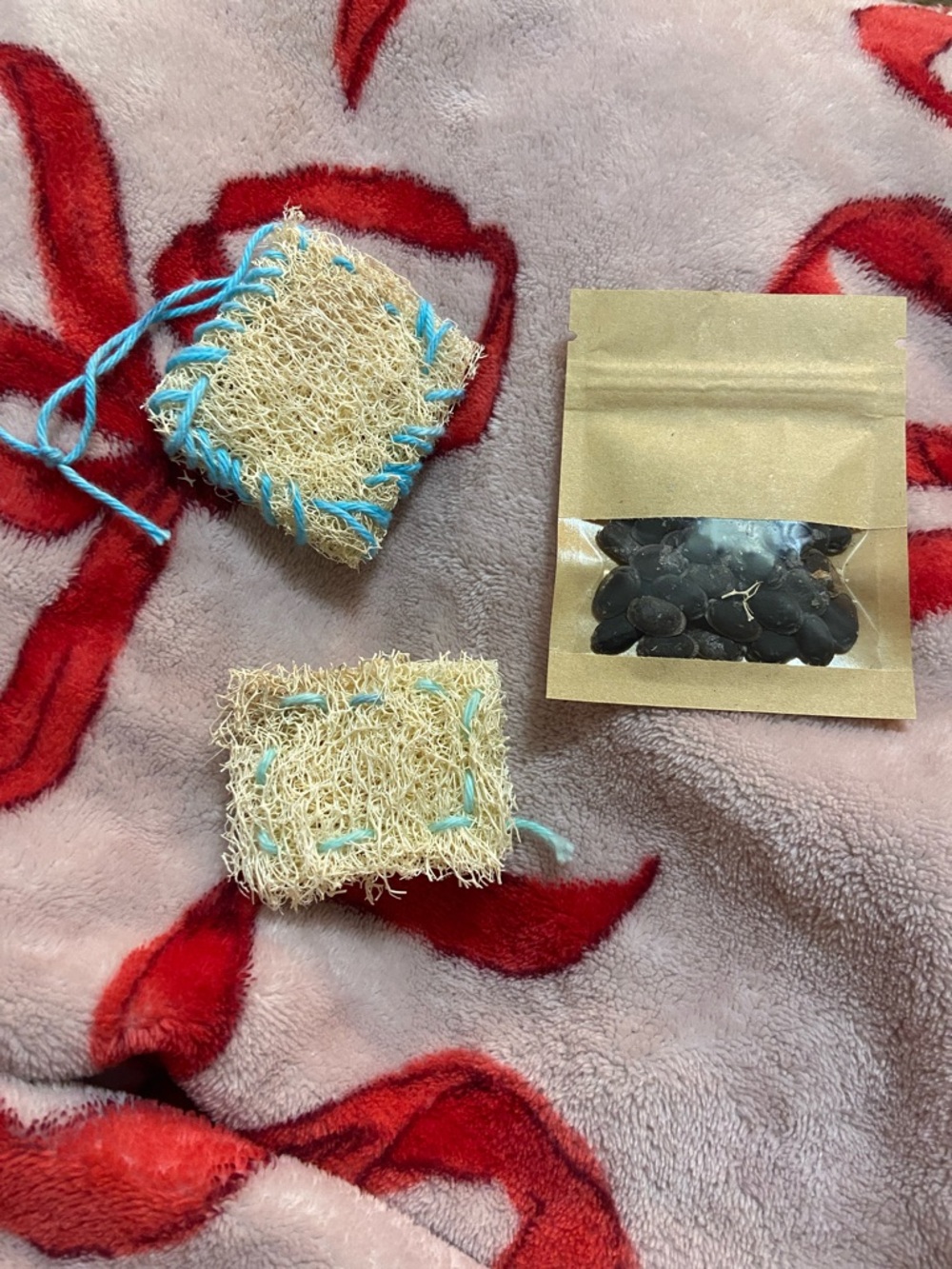 Handmade Loofah Facial Scrub Pads - Natural with Turquoise Stitching